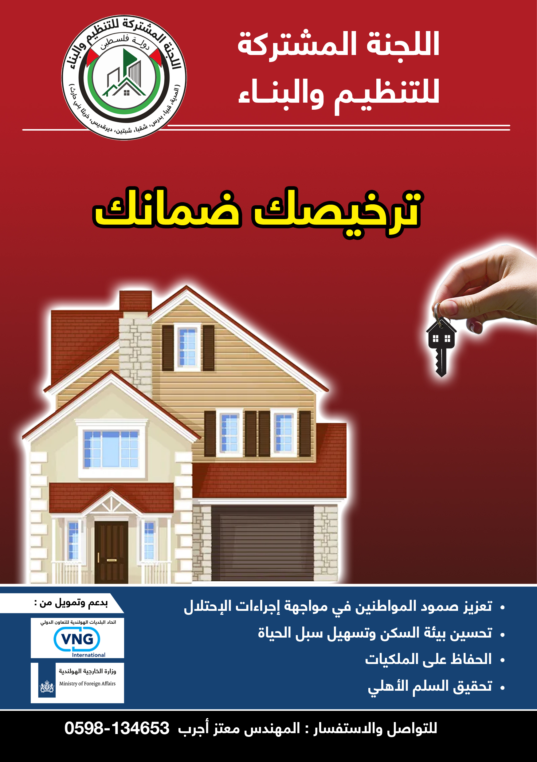 Poster 2: tells the citizens that your building permit is your guarantee and protection toward 1) Strengthen your resilience in the face of occupation measures, 2) Improve the housing environment and facilitating life, 3) Preserve your property, and  4) Achieve civil peace. 